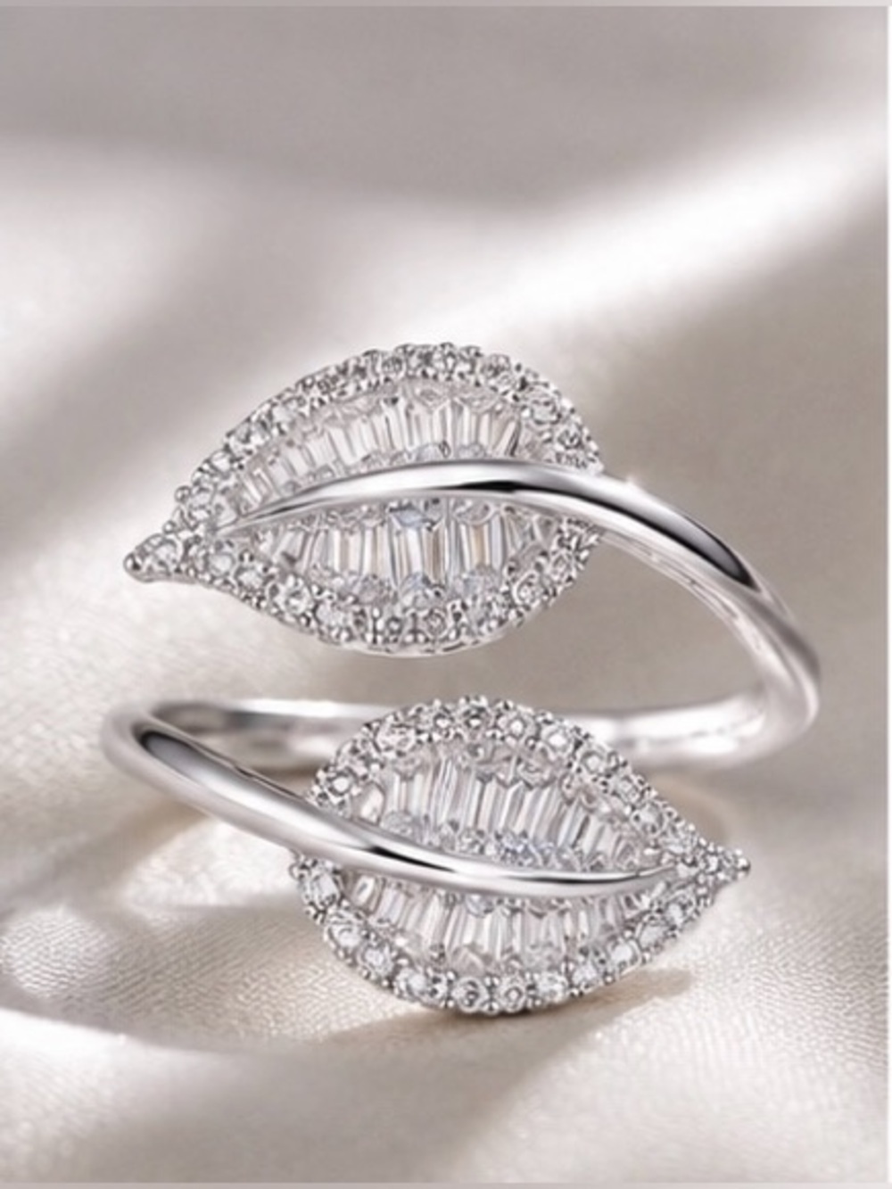 Anthropologie Silver Leaf Wrap Ring with Clear Crystals